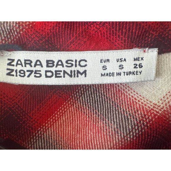 2/$30 Zara Basic Small Denim Red & White Plaid Ruffled Button-Up Blouse - Picture 4 of 15
